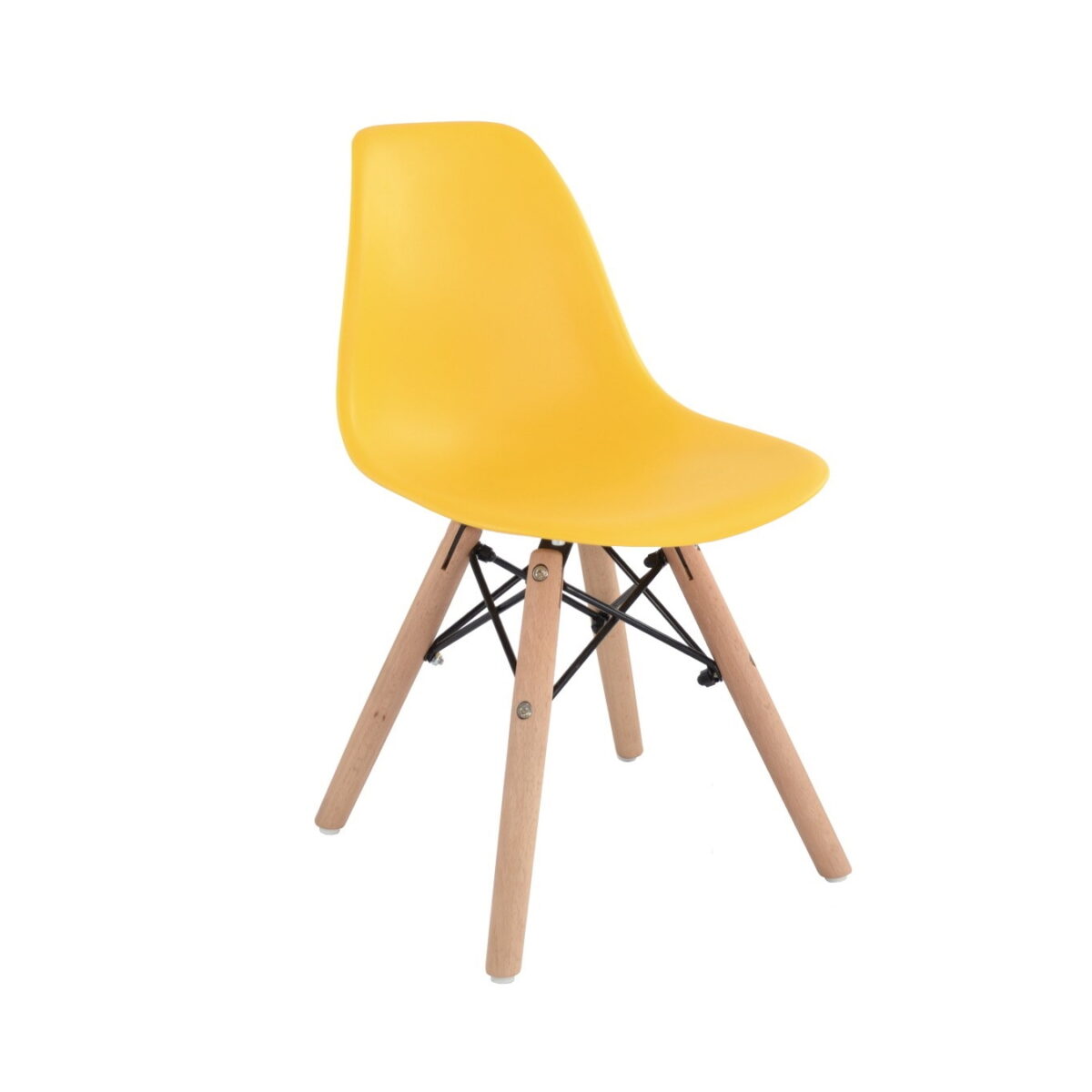 EAMES Baby Chair Yellow Discover the EAMES BEBE Yellow Children's Chair, perfect for the comfort and safety of your little ones. This sturdy plastic chair with stable wooden legs fits perfectly in your child's room. Easy to clean, it supports up to 40 kg. Choose quality children's furniture!