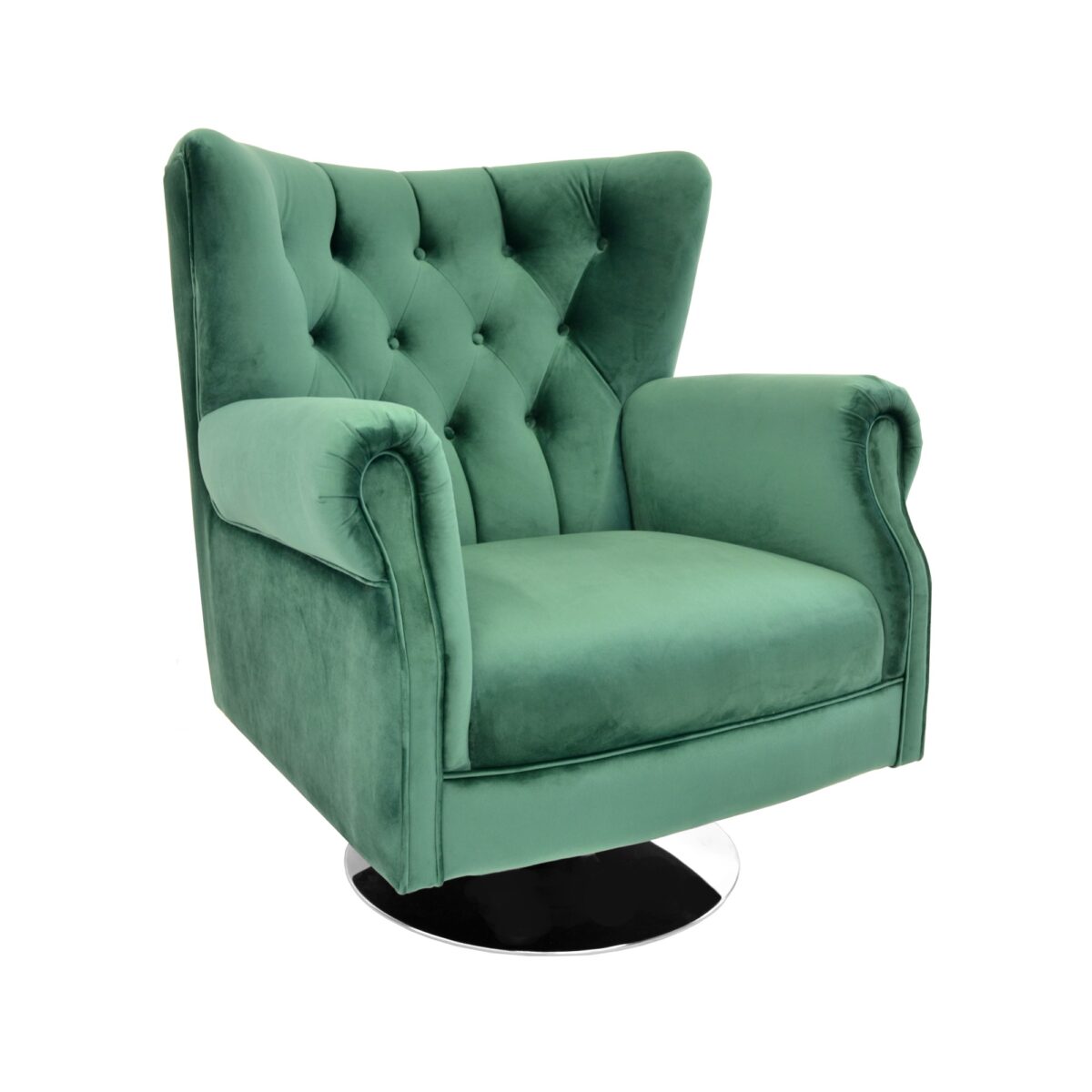 Fotoliu Rotativ Imperial Green Descoperă confortul și eleganța fotoliului rotativ Imperial Green, ideal pentru birou sau living. Fabricat din lemn, placaj și stofă de catifea, oferă un design modern cu bază din oțel cromat. Dimensiuni optime pentru relaxare!  ️✨