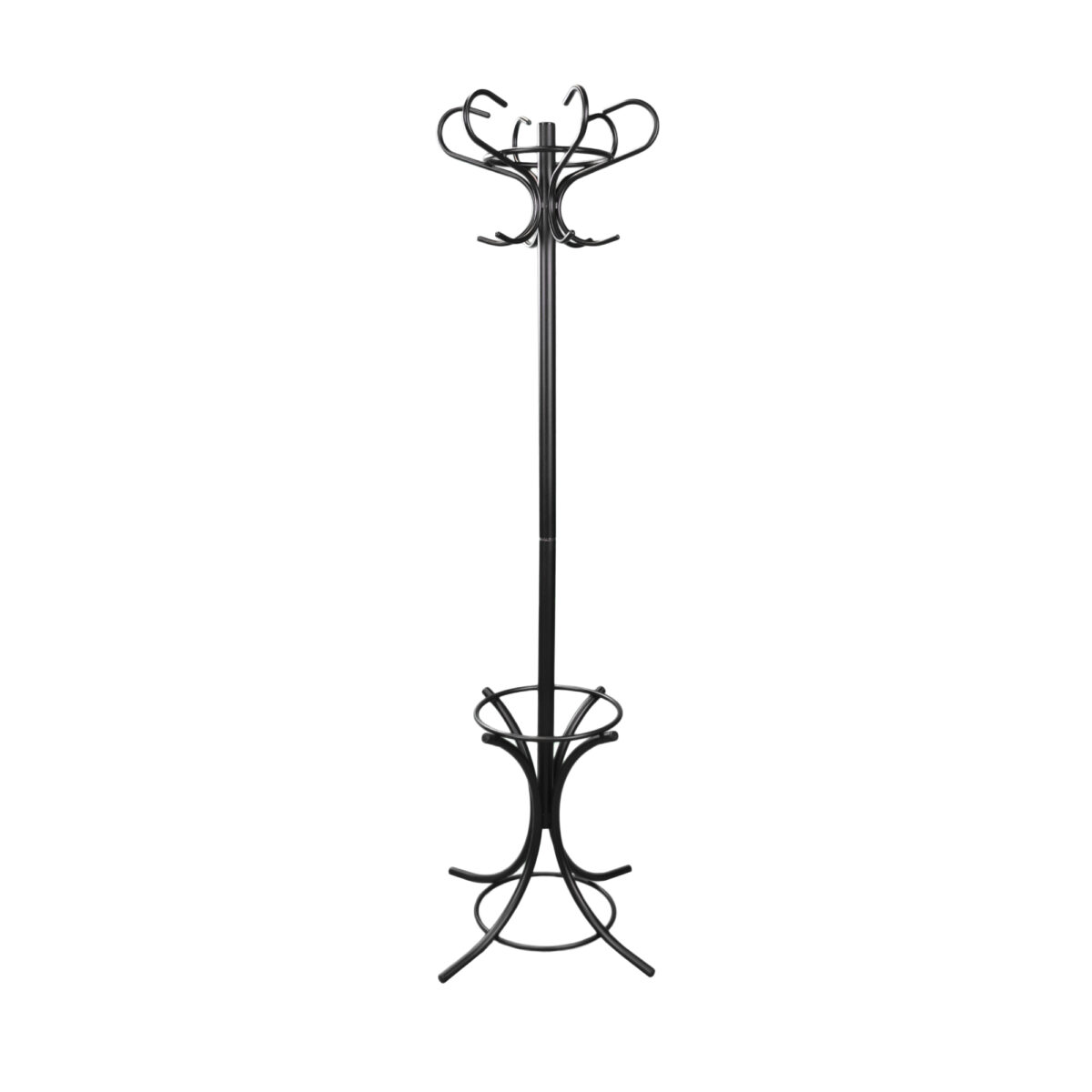 Cuier Venezia Black Descoperă Cuierul Venezia Black, perfect pentru birouri elegante sau spații de living. Realizat din metal vopsit, cu 12 agățători și suport pentru umbrele, acest cuier adaugă un plus de stil și funcționalitate. Înalțime: 182 cm, diametru bază: 63 cm.
