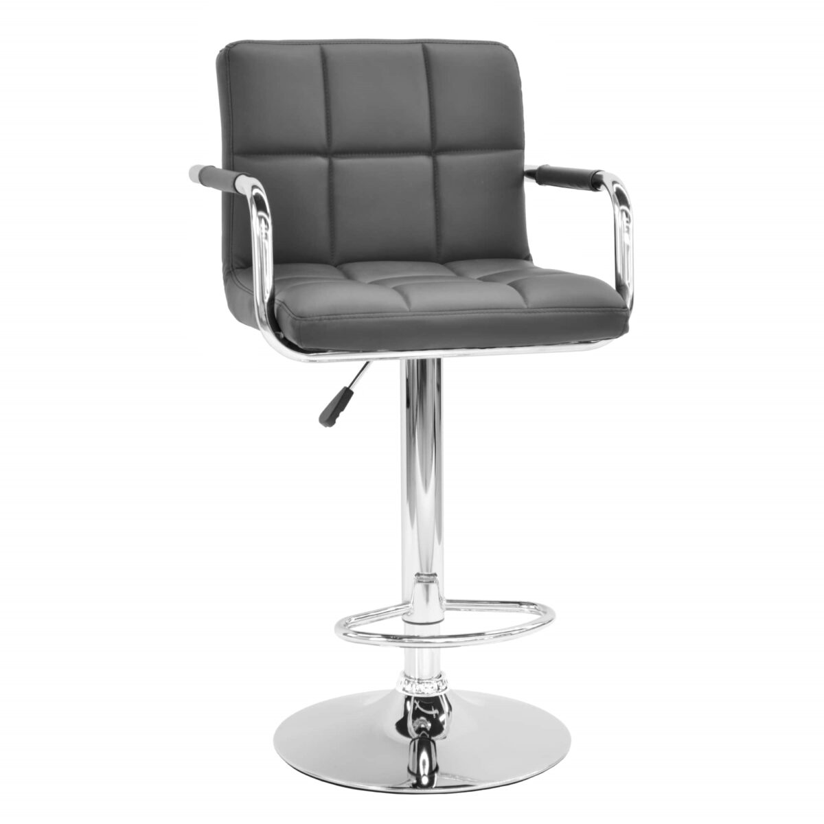 Scaun de Bar SB-042~Grey Descoperă scaunul de bar SB-042 Grey, perfect pentru baruri sau bucătării moderne. Cu un cadru din oțel cromat și tapițerie din piele ecologică, acesta oferă confort și suport lombar. Mecanismul de reglare a înălțimii îl face ideal pentru orice tip de masă. Alege stilul și calitatea!
