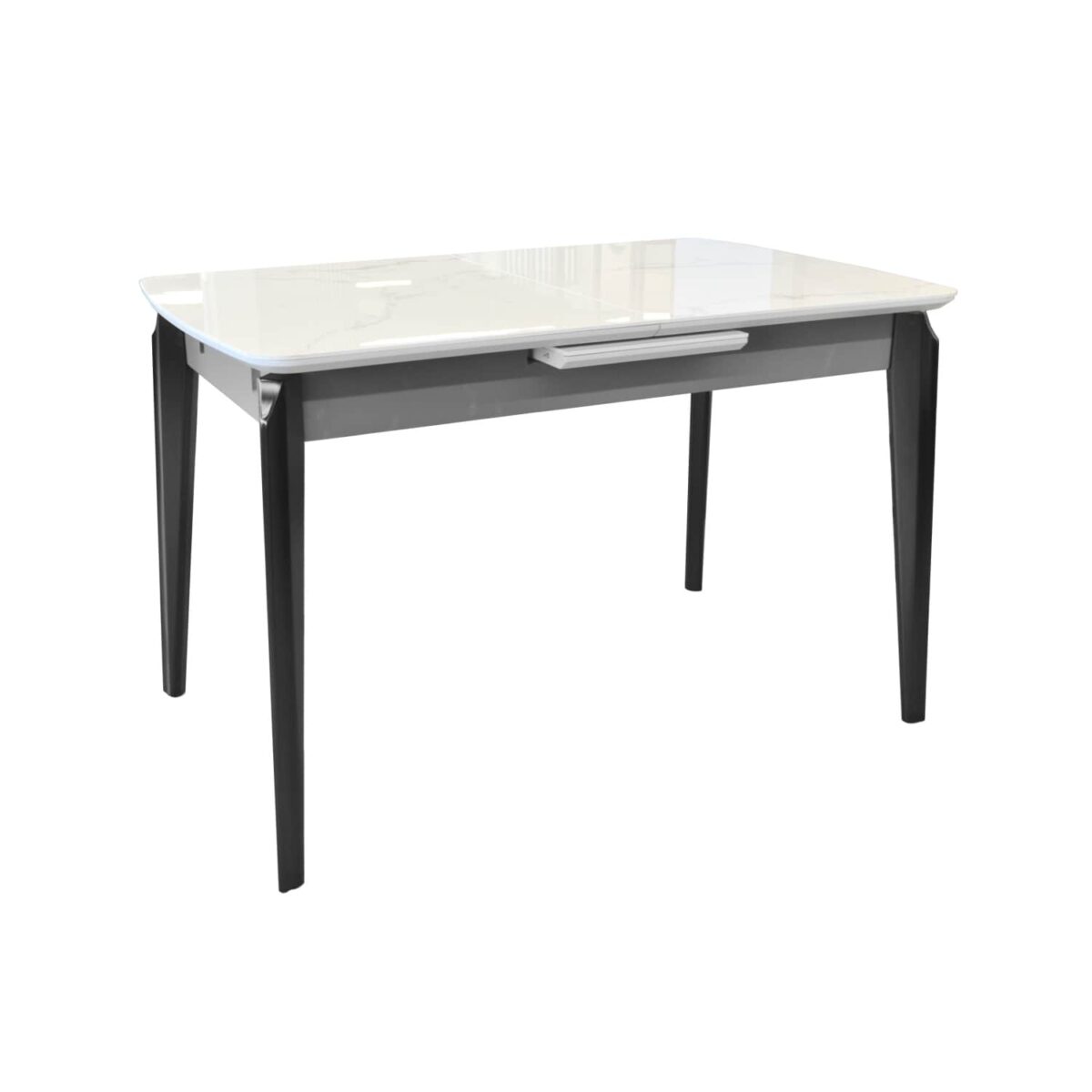 ELVERUM Extendable Table White + Black Legs 120/150×75 Discover the ELVERUM extendable table, perfect for your kitchen! With an elegant White+Black design, this table made of MDF and ceramic is resistant to extreme temperatures and scratches. Easily adjust the size for 4-6 people. Ideal for any occasion!