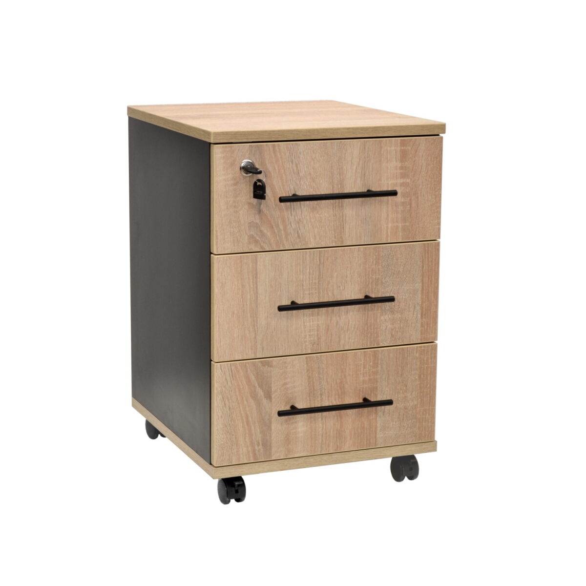 Rollbox Drawer Unit Sonoma/Anthracite Discover the Rollbox Sonoma/Anthracite filing cabinet, perfect for your office! With 3 drawers, a lock for the top drawer, and double wheels with brakes, it is the ideal solution for organization. Made from high-quality melamine particleboard, it combines style with functionality.