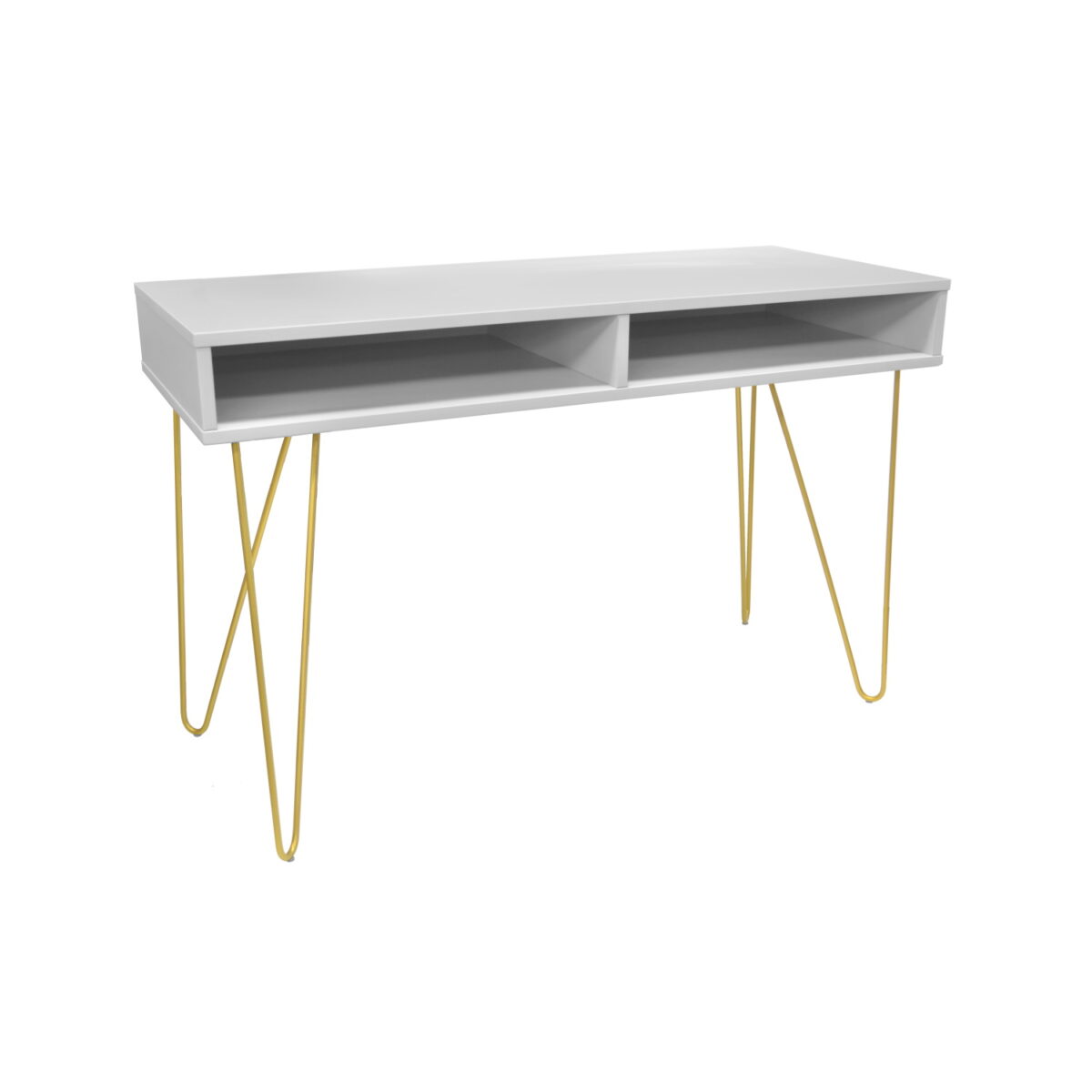 Consolă Mia Grey/Gold Descoperiți Consola Mia Grey/Gold, un accesoriu elegant și rezistent, ideal pentru mobilă dormitor. Cu un blat din PAL melaminat și picioare metalice vopsite, oferă un aspect modern și funcționalitate sporită. Disponibilă și în varianta cu cadru negru.