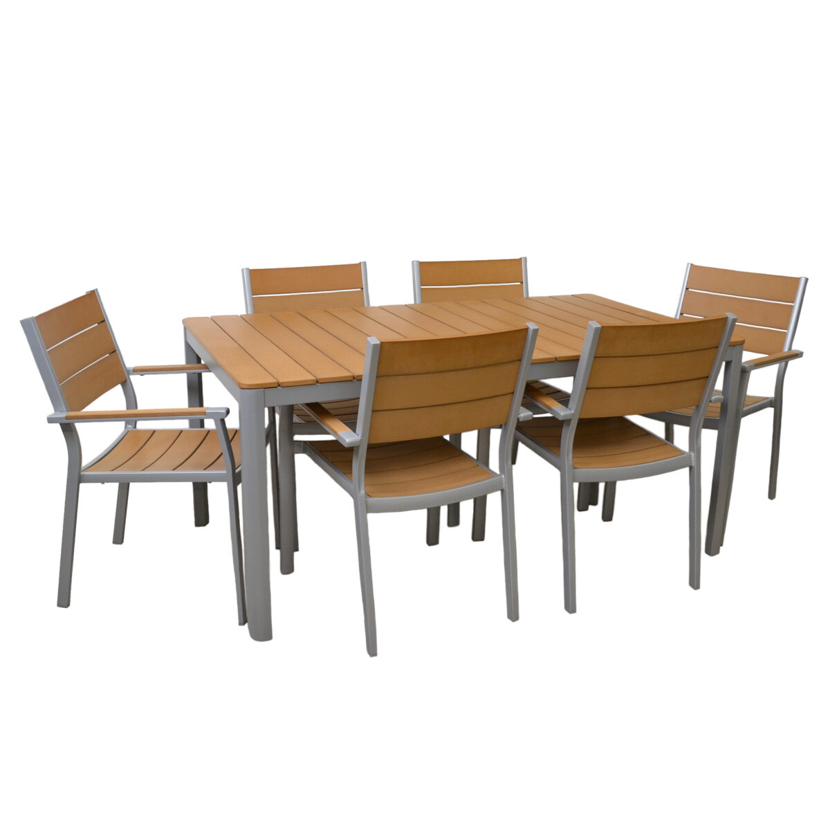 Patio Set Discover our patio set, perfect for your garden! Composed of a 160 cm table and 6 durable aluminum chairs in a gray shade, this set offers comfort and elegance. The weather-resistant softwood tabletop is ideal for any use, whether indoors or outdoors.