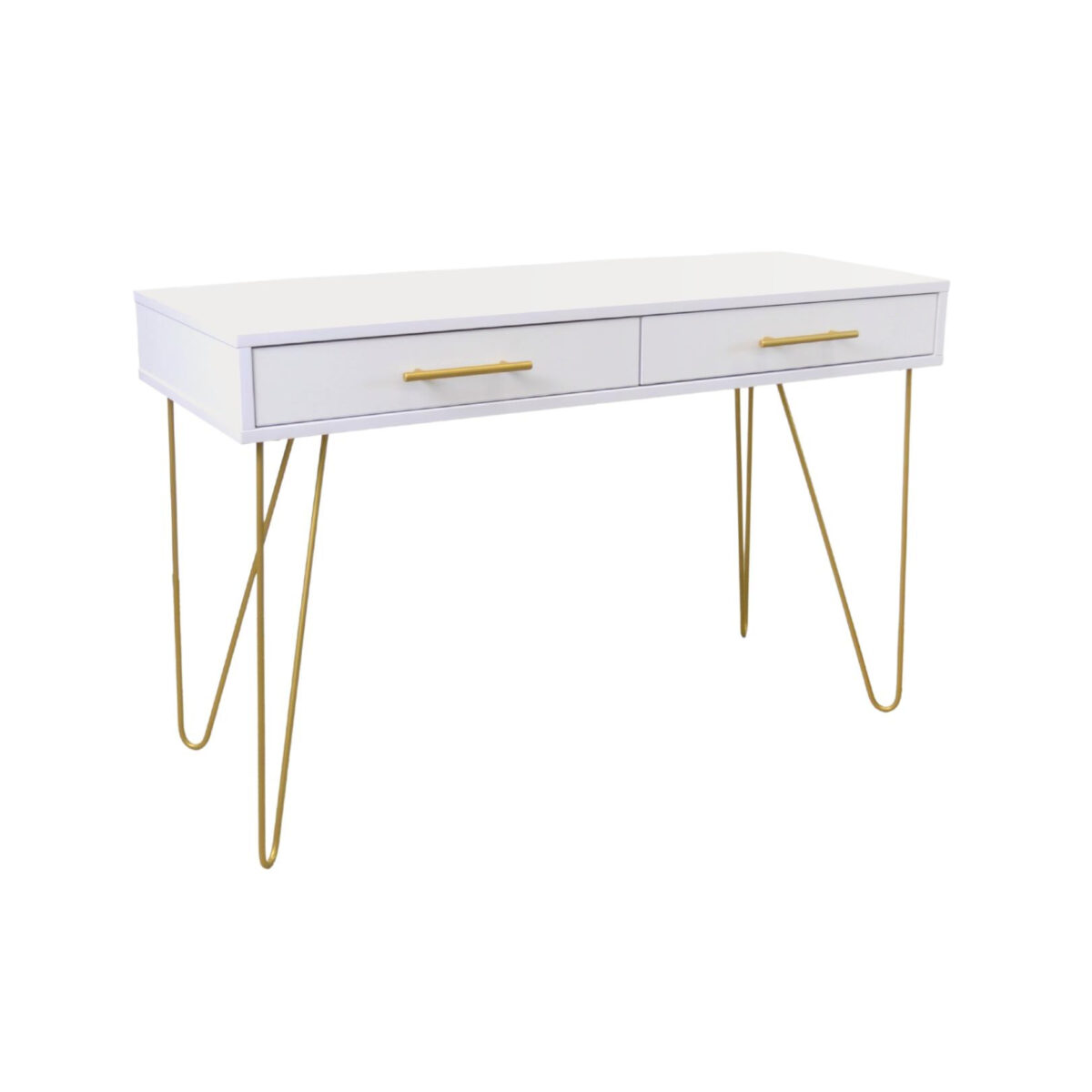 Consolă Mia cu sertar White/Gold Descoperiți Consola Mia White/Gold, un accesoriu elegant pentru mobilă dormitor și living. Cu un design modern, din PAL melaminat alb și piciorușe metalice aurii, această consolă rezistentă se integrează perfect în orice interior. Dimensiuni optime: 120 cm lungime, 50 cm adâncime, înălțime 77 cm.
