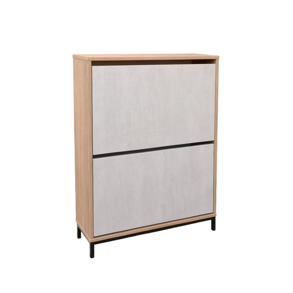 Shoe Cabinet 2 Discover the Shoe Cabinet from Decoprim, a practical and elegant piece of furniture made from melamine-faced particle board, perfect for organizing shoes and boots. With swinging doors and versatile compartments, it is ideal for any space in the home. Choose efficiency and style!