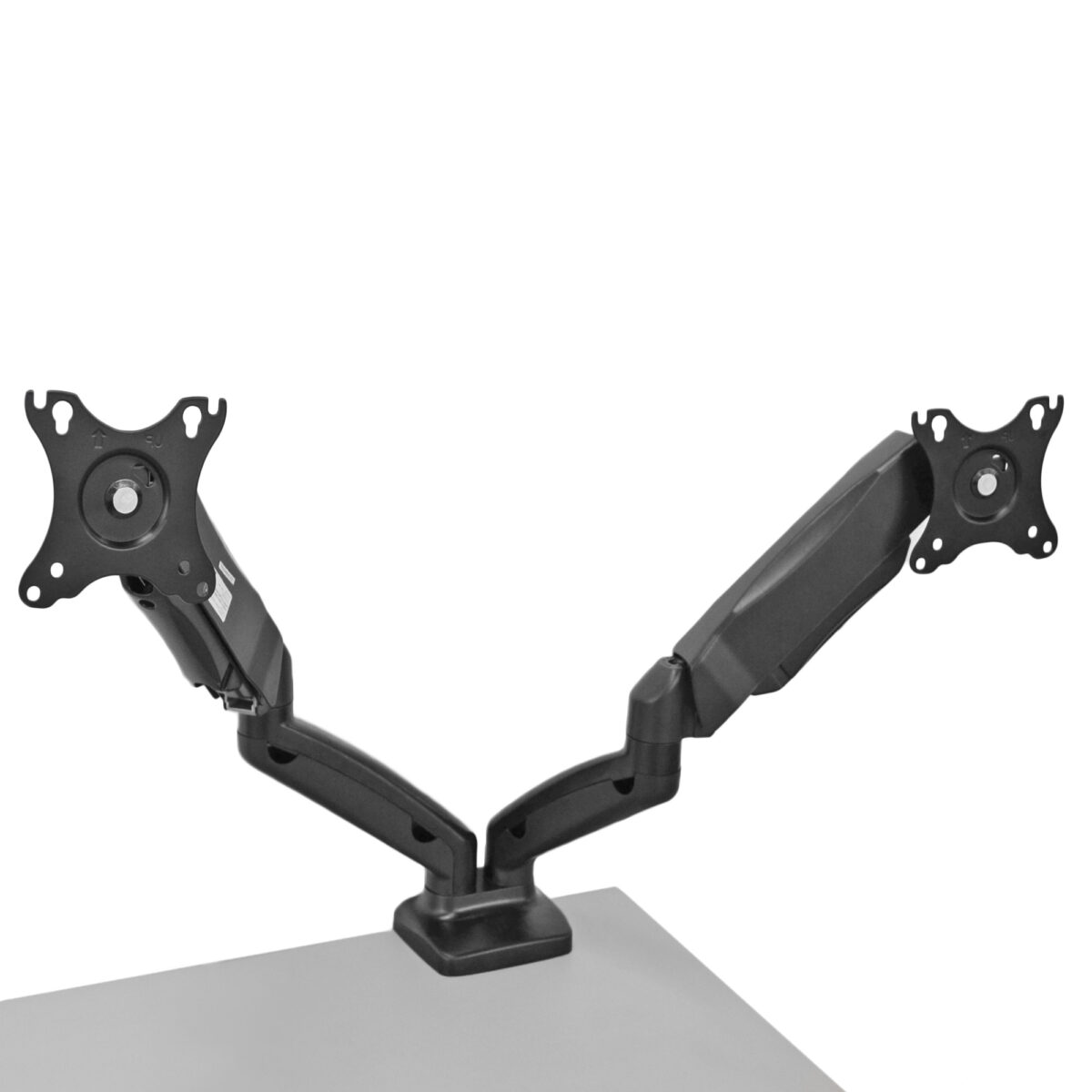 Double Monitor Support Arm Discover the Double Arm Monitor Stand, ideal for organizing your workspace. This ergonomic stand swivels and tilts, providing visual comfort and preventing strain. Compatible with monitors up to 27 inches and with a weight capacity of 7 kg. Perfect for any modern office!