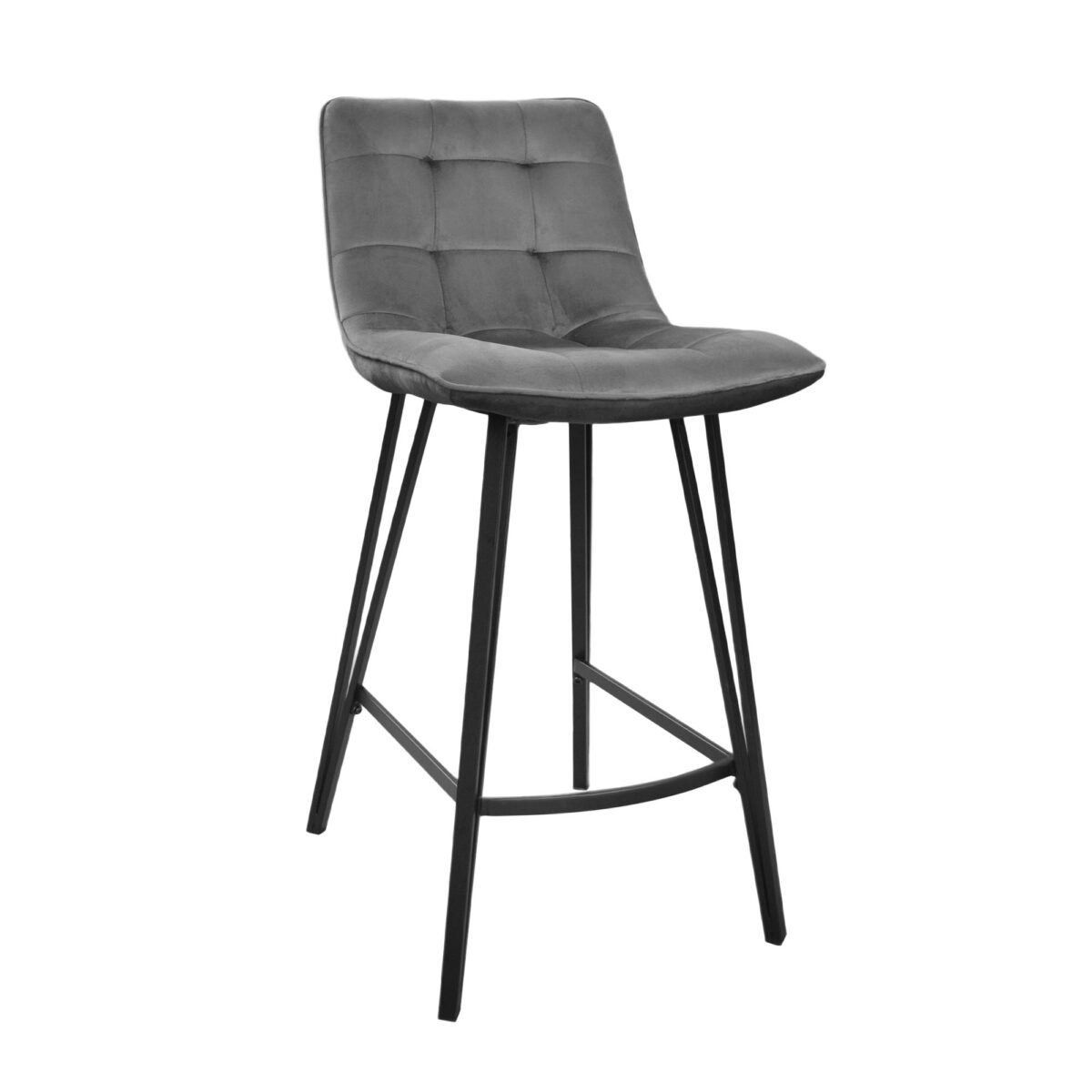 Laus Grey Velvet Bar Stool Discover the Laus Grey Velvet Bar Stool, perfect for a modern kitchen! Comfortable, elegant, and durable, featuring a velvet upholstered seat and a metal frame. Ideal for moments of relaxation. Height: 98 cm, maximum load: 120 kg.