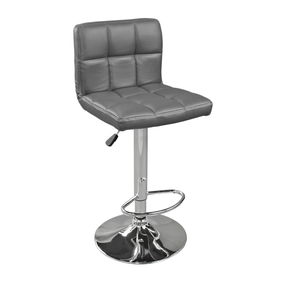 Bar Stool SB-043 Light Grey Discover the SB-043 Light Grey Bar Stool, featuring a modern design, a chrome steel frame, and upholstery made from faux leather. Equipped with a height adjustment mechanism and a footrest, this stool provides comfort and lumbar support. Perfect for bars or kitchens!