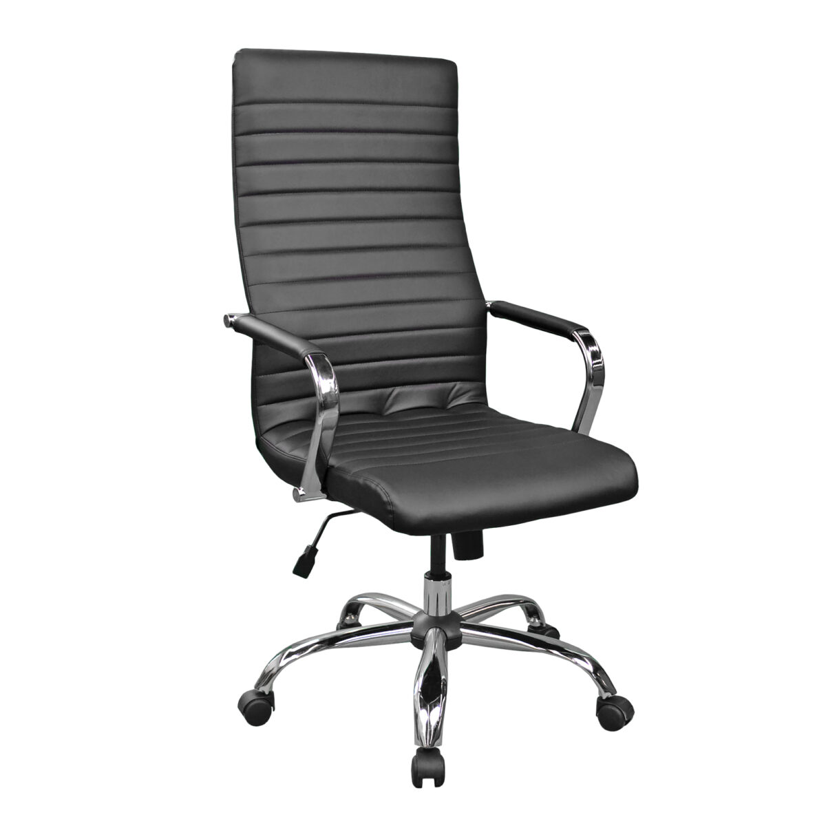 Fotoliu Birou LIBERTY Black Descoperă fotoliul de birou LIBERTY Black, o alegere modernă și elegantă pentru orice spațiu de lucru. Tapițat cu piele eco prietenoasă cu mediul, acesta oferă confort și durabilitate. Cu bază cromată, roți pivotante și mecanism Tilt, este perfect pentru biroul tău.