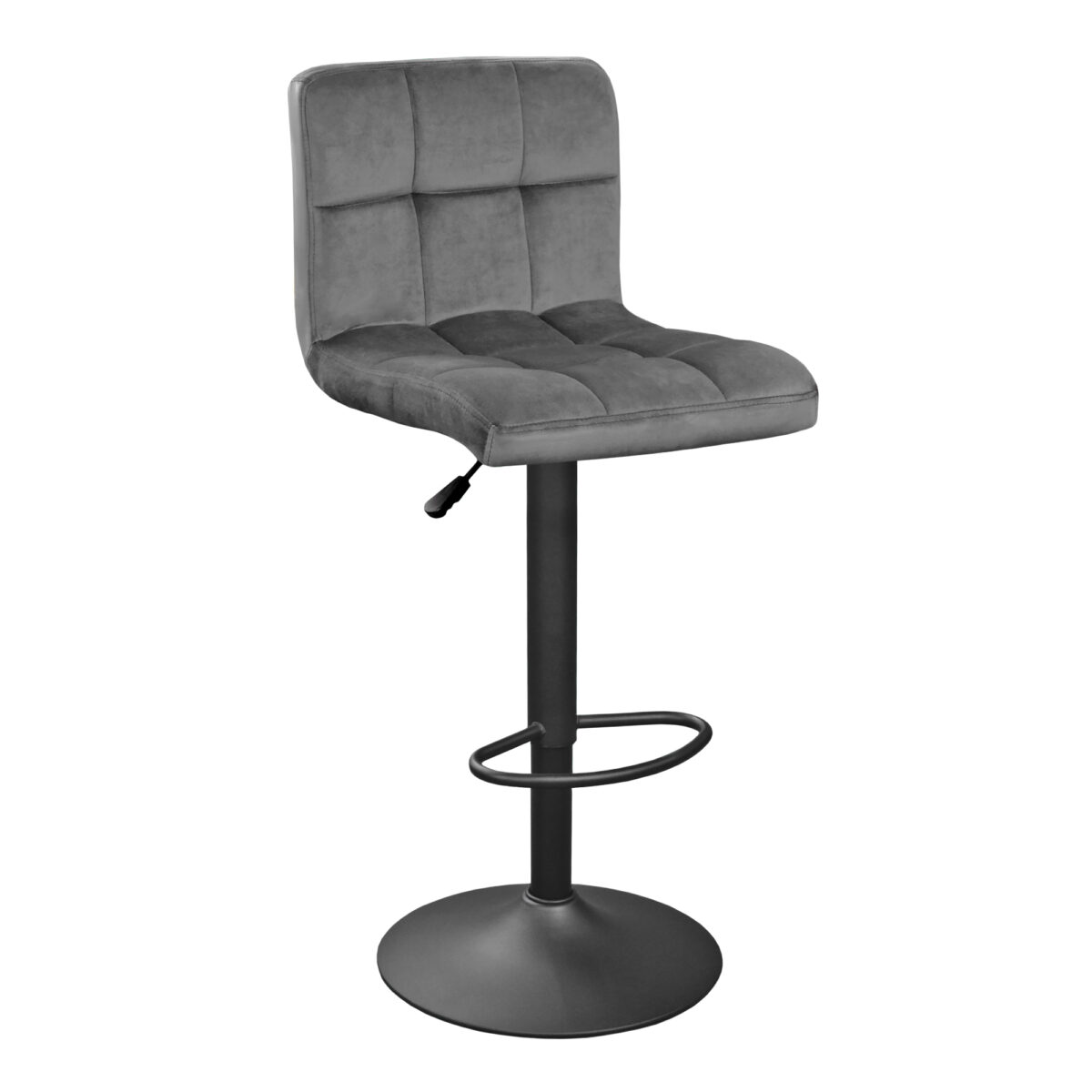 Scaun Bar Sb-044 Grey Catifea Descoperă scaunul de bar SB-044, elegant și confortabil, din catifea gri. Ideal pentru orice bar sau bucătărie, acest scaun înalt are mecanism de reglare a înălțimii și suport pentru picioare. Designul său ergonomic asigură confortul lombar. Max. 120 kg.