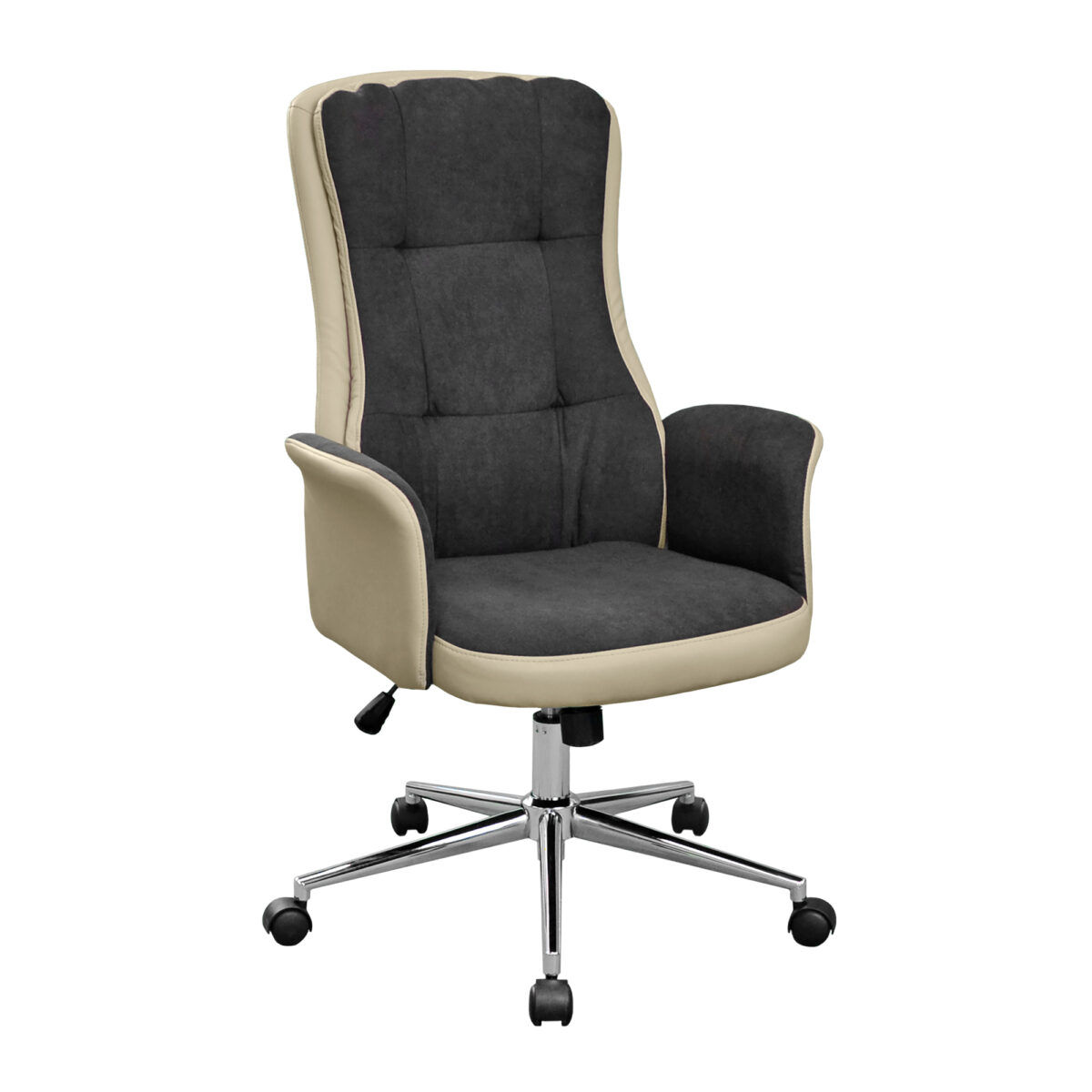 Fotoliu Birou FRODO~Dark Grey/Beige Descoperă fotoliul de birou FRODO, elegant și modern, în nuanțe Dark Grey/Beige. Tapițat cu piele eco și stofă, oferă confort și durabilitate. Baza din metal cromat și roțile pivotante asigură mobilitate ușoară. Ideal pentru birou și sustenabil!