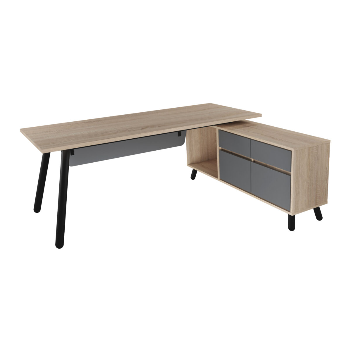 Masă Birou FUSION+Box încorporat DREAPTA Descoperiți masa birou FUSION + Box încorporat Dreapta, un mobilier elegant și funcțional, ideal pentru birou! Fabricată din PAL melaminat rezistent, cu cadru metalic durabil și tumbă integrată pentru depozitare. Dimensiuni perfecte pentru orice încăpere!