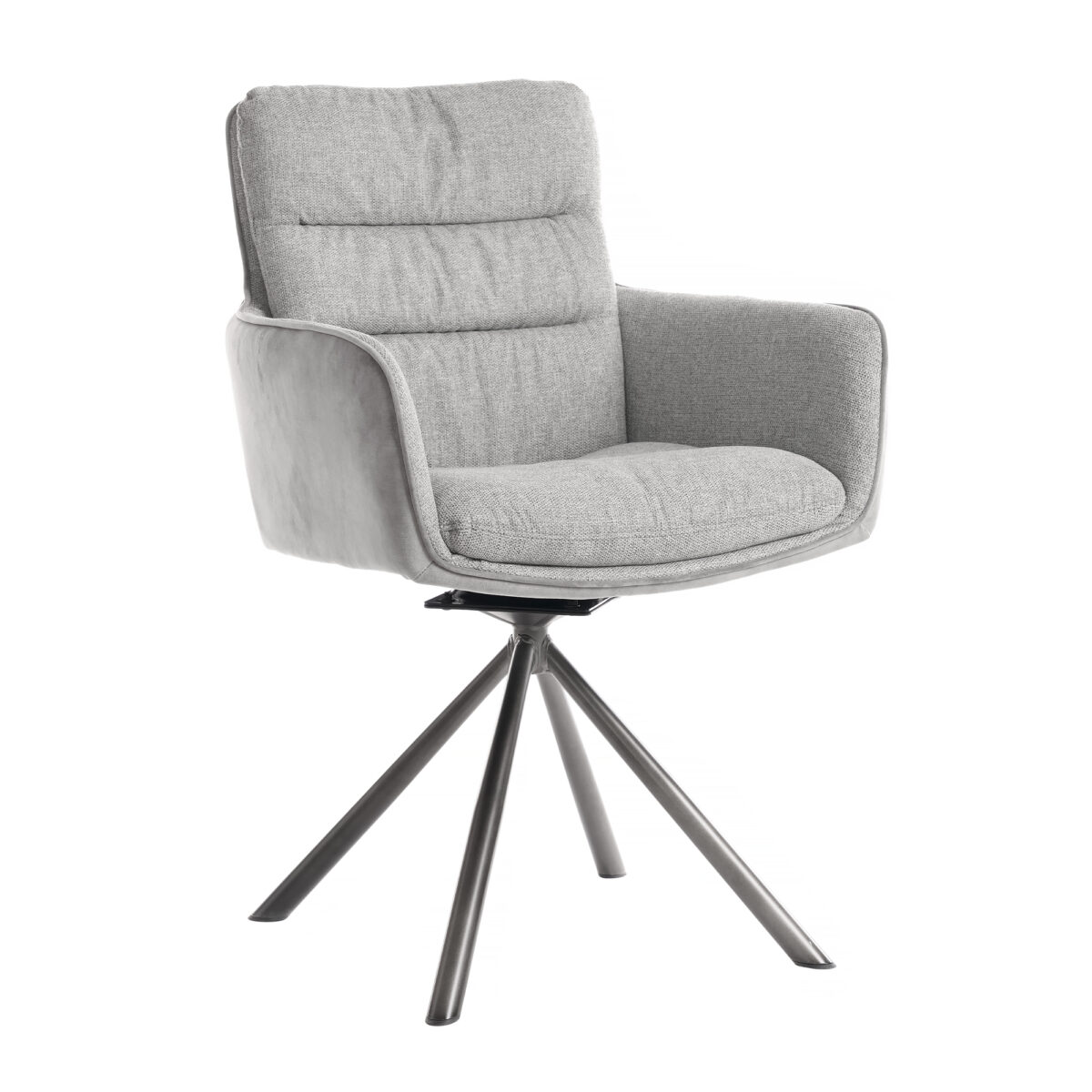 Fotoliu MAISON Grey Descoperă fotoliul MAISON Grey, o piesă de mobilier elegantă și confortabilă, ideală pentru orice spațiu. Cu un cadru durabil din metal și tapițerie din stofă și catifea gri, acest fotoliu adaugă rafinament oricărei încăperi. Mecanismul rotativ de 180 de grade oferă versatilitate și confort optim. Perfect pentru mobilă Horeca sau bucătării moderne!