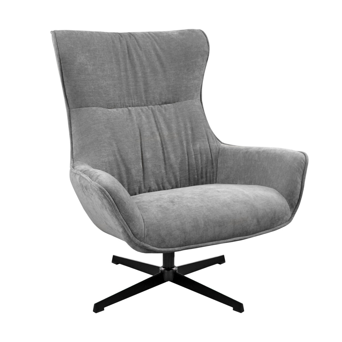 TWIST armchair Discover the TWIST armchair - an elegant and functional piece, featuring a metal frame and upholstered in gray velvet. Thanks to its 360° rotating mechanism, this armchair offers ergonomic comfort and embodies modern design in any interior. It is perfect for adding style and comfort to your home!