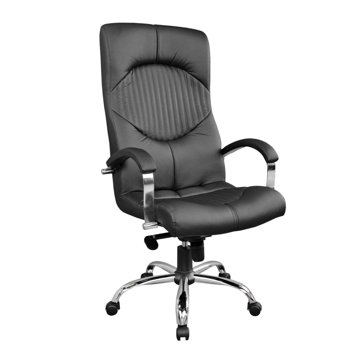 Fotoliu Birou GERMES Black Descoperă confortul oferit de fotoliul de birou GERMES Black! Acest fotoliu modern, cu tapițerie din piele eco și bază metalică cromată, asigură eleganță și stabilitate. Ideal pentru birouri, fotoliul dispune de roți pivotante și mecanism Multiblock. Perfect pentru orice spațiu de lucru.