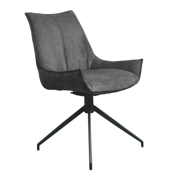 OLDY Dark Grey Chair Add a sophisticated touch to your kitchen with the OLDY Dark Grey chair! Crafted from solid plywood and upholstered in soft fabric, this elegant chair offers maximum comfort. With a durable metal base and a swivel mechanism, it is perfect for your dining tables. Choose style and comfort!