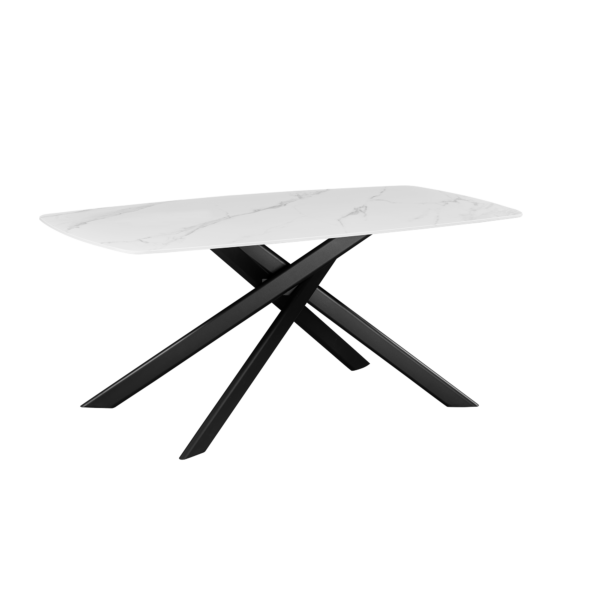Lunaria Table 180×90 White (Snow Mountain Stone) Discover the Lunaria Table 180x90 cm – a perfect blend of elegance and durability. The scratch- and stain-resistant ceramic top, along with the electrostatically painted metal frame, ensures a modern design and stability. Ideal for any dining room or kitchen, it offers generous space for family meals or gatherings with friends.