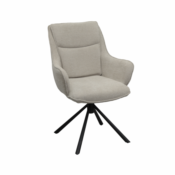 Spin Light Brown Chair The Spin chair offers comfort and elegance in a modern design. With a seat and backrest cushioned with foam, upholstery made of a soft-touch fabric, and a durable metal frame, this chair is perfect for an office or relaxation area. The 360° rotating mechanism ensures free movement and automatic return. It supports up to 120 kg, providing optimal comfort for daily use.
