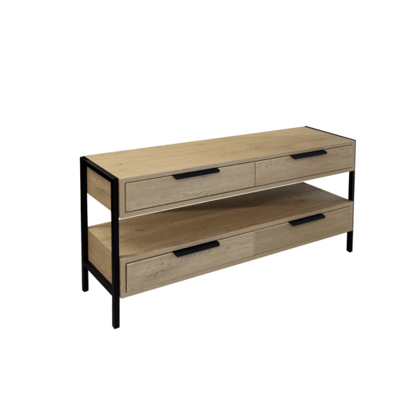 Consola Torro TV Consola Torro TV de la Decoprim îmbină stilul industrial cu funcționalitatea, având un cadru metalic sudat, blat din PAL melaminat de 18 mm, 4 sertare cu glisare pe bile și tălpi cu pernuțe de protecție.